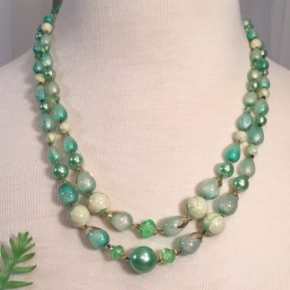 Vintage Green And Gold Beaded Double Strand Necklace Marked